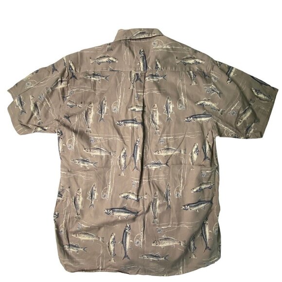 Magellan Sportswear Size Medium Short Sleeve Fly Fishing Print Shirt Green Tan - Picture 2 of 5